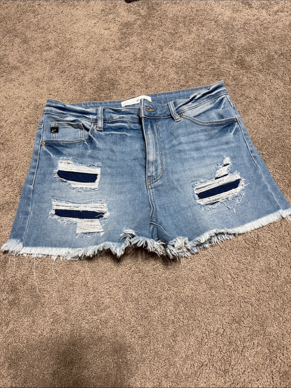 KanCan Light Blue Distressed Denim Shorts with Navy Underlay